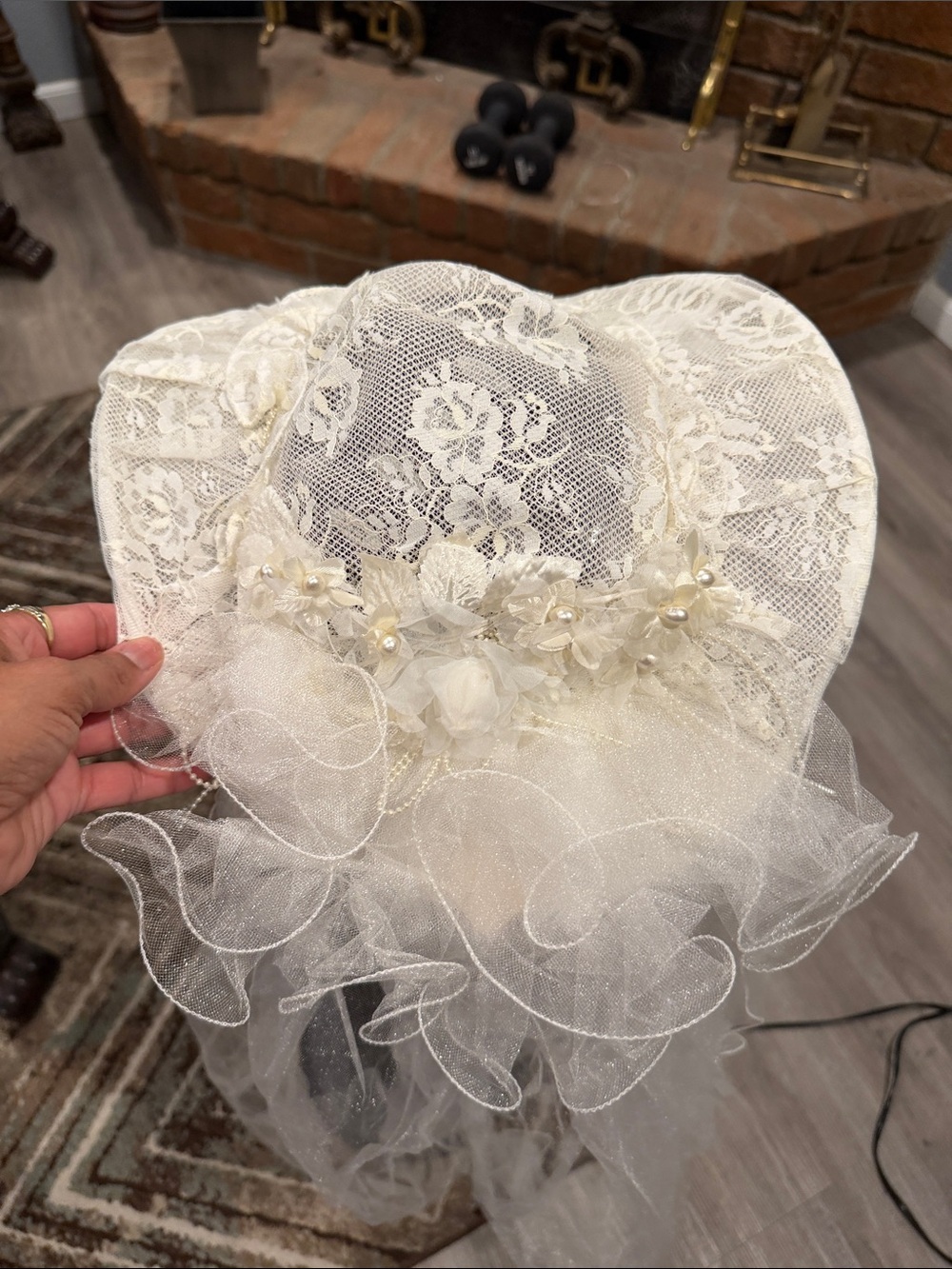 Ivory Lace Bridal Hat with Floral Veil
